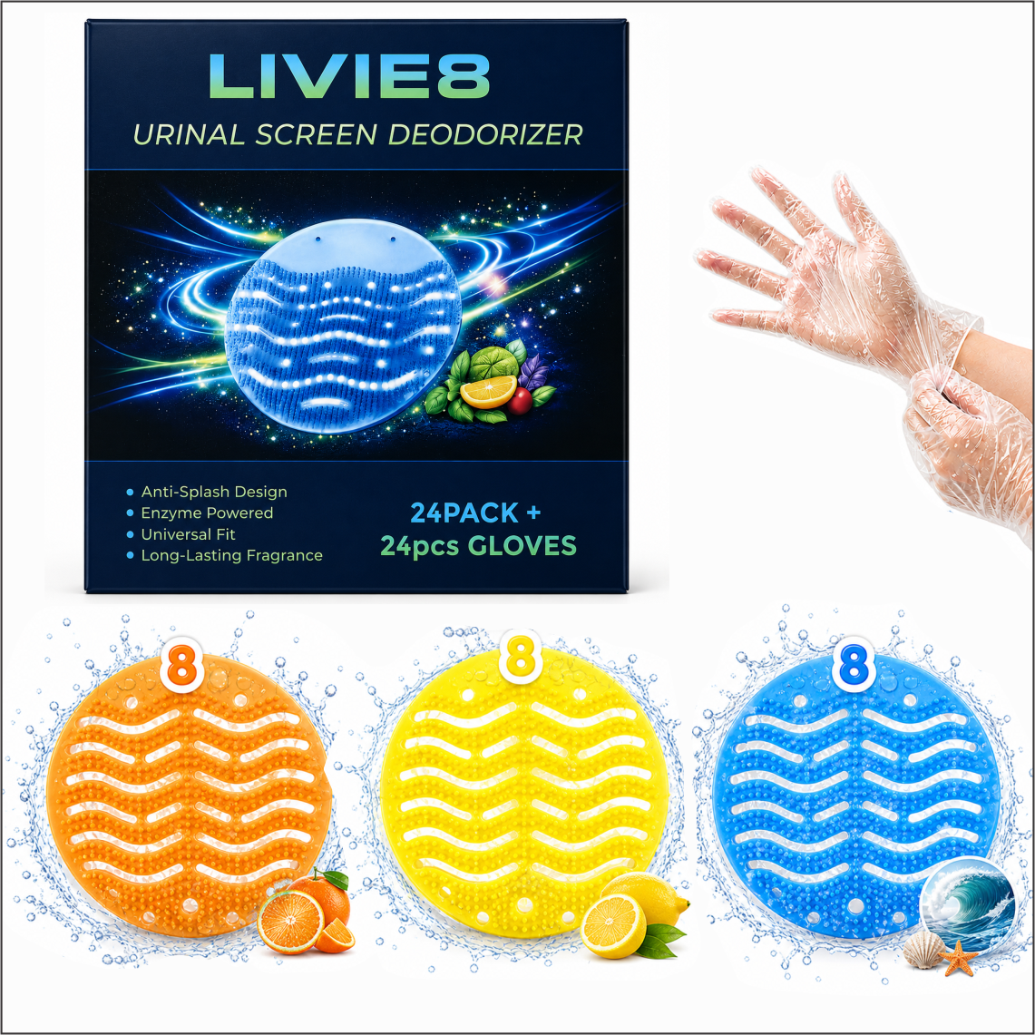 LIVIE8 Urinal Screen Deodorizer 24 Pack with Disposable Gloves, 8 Ocean Wave, 8 Citrus & 8 Lemon Burst Fragrance, Anti Splash Urinal Mats for Men Washroom