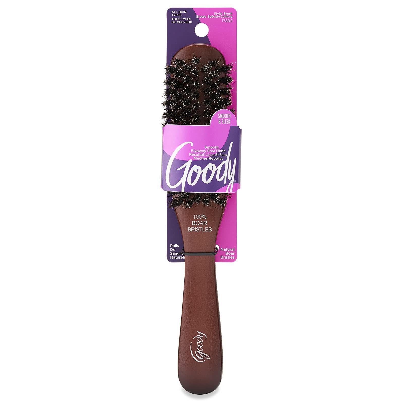 Goody Smoothing Hairbrush with Natural Boar Bristles for Frizz Control, Flyaway Control, Smooth Shiny Finish, Wooden Styling Brush for All Hair Types