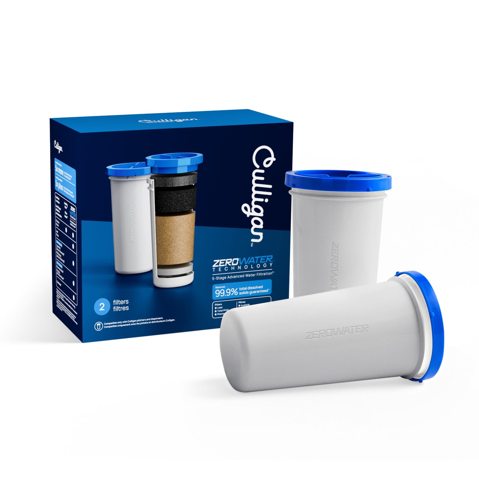 Culligan with ZeroWater Technology Replacement Filter 2-Pack, 5-Stage Advanced Water Filter – IAPMO Certified to Reduce Lead, Total PFAS (Forever Chemicals), Mercury, Fluoride, and Chlorine