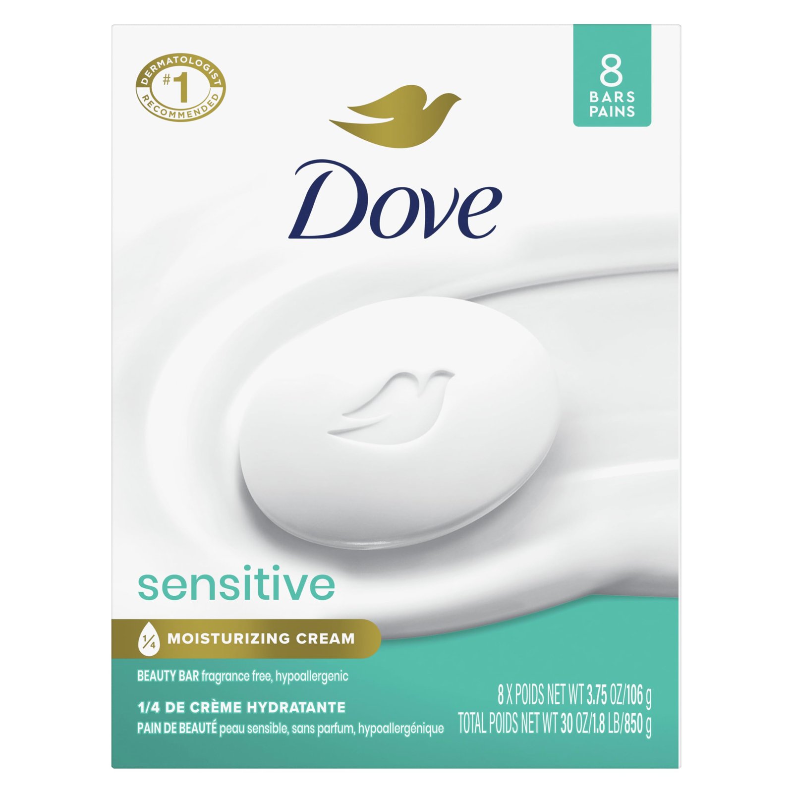Dove Beauty Bar Soap Sensitive, 8 Bars for Sensitive Skin, Fragrance Free and Hypoallergenic 3.75 oz