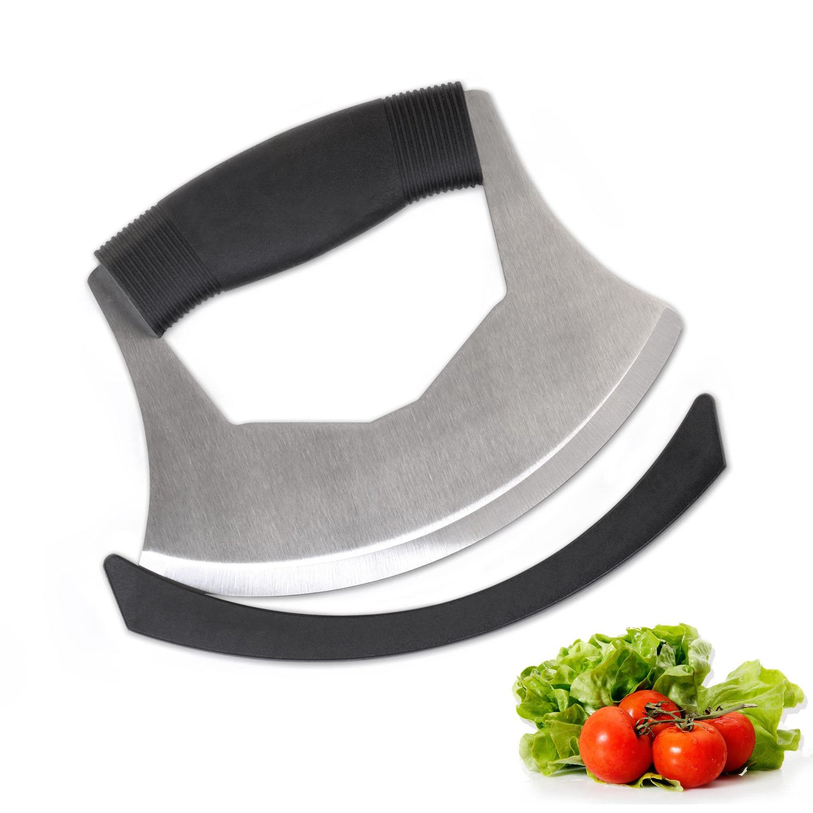 XoYoZo Salad Chopper Mezzaluna Knife with Protective Cover and Anti-Slip Handle - Stainless Steel Vegetable Cutter, Onion Chopper, Pizza Cutter