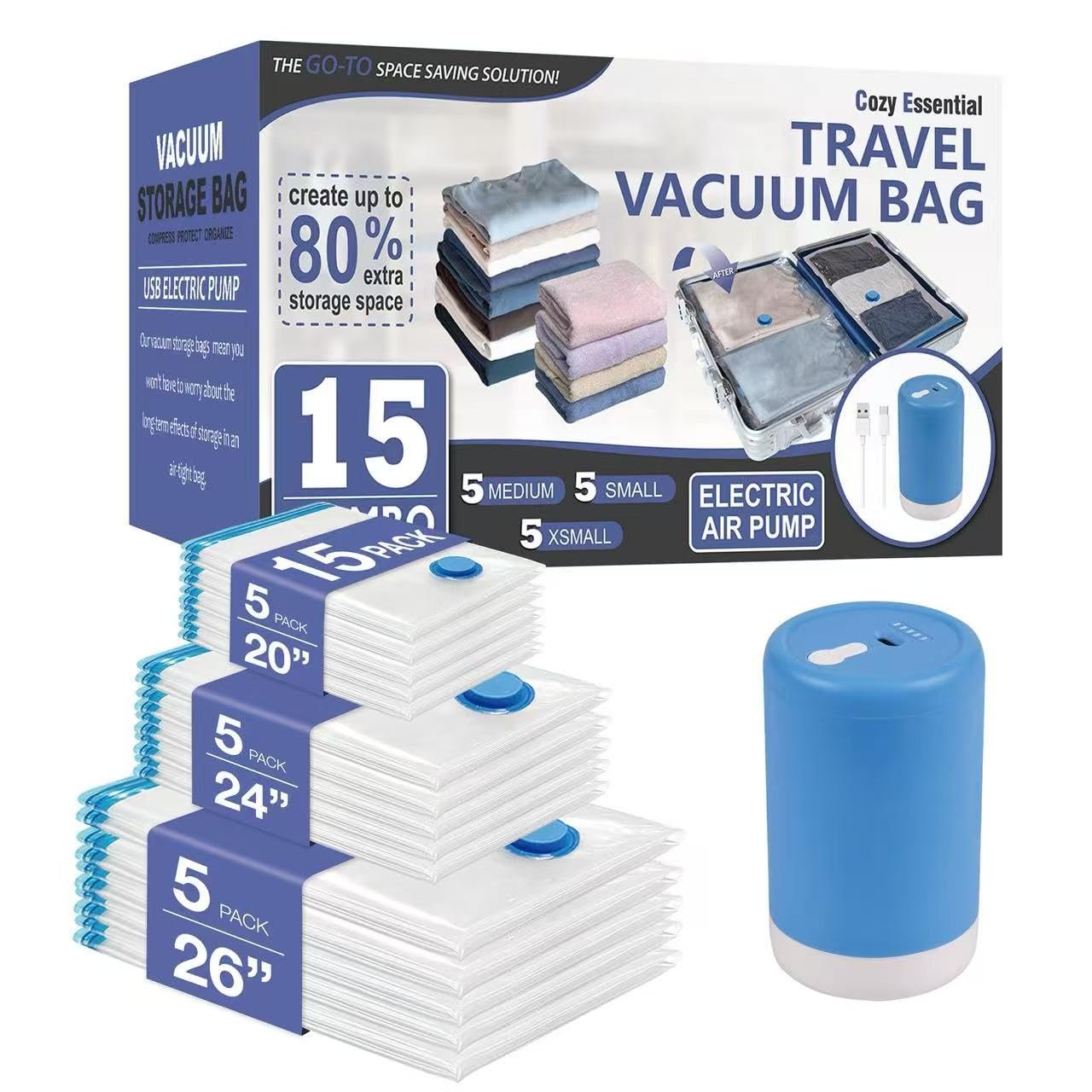 Cozy Essential 15 Pack Travel Vacuum Storage Bags with Rechargeable Wireless Electric Pump for Luggage, Suitcase, Carry-on Size Vacuum Seal Compression Space Saver Bags for Clothes and Clothing Travel