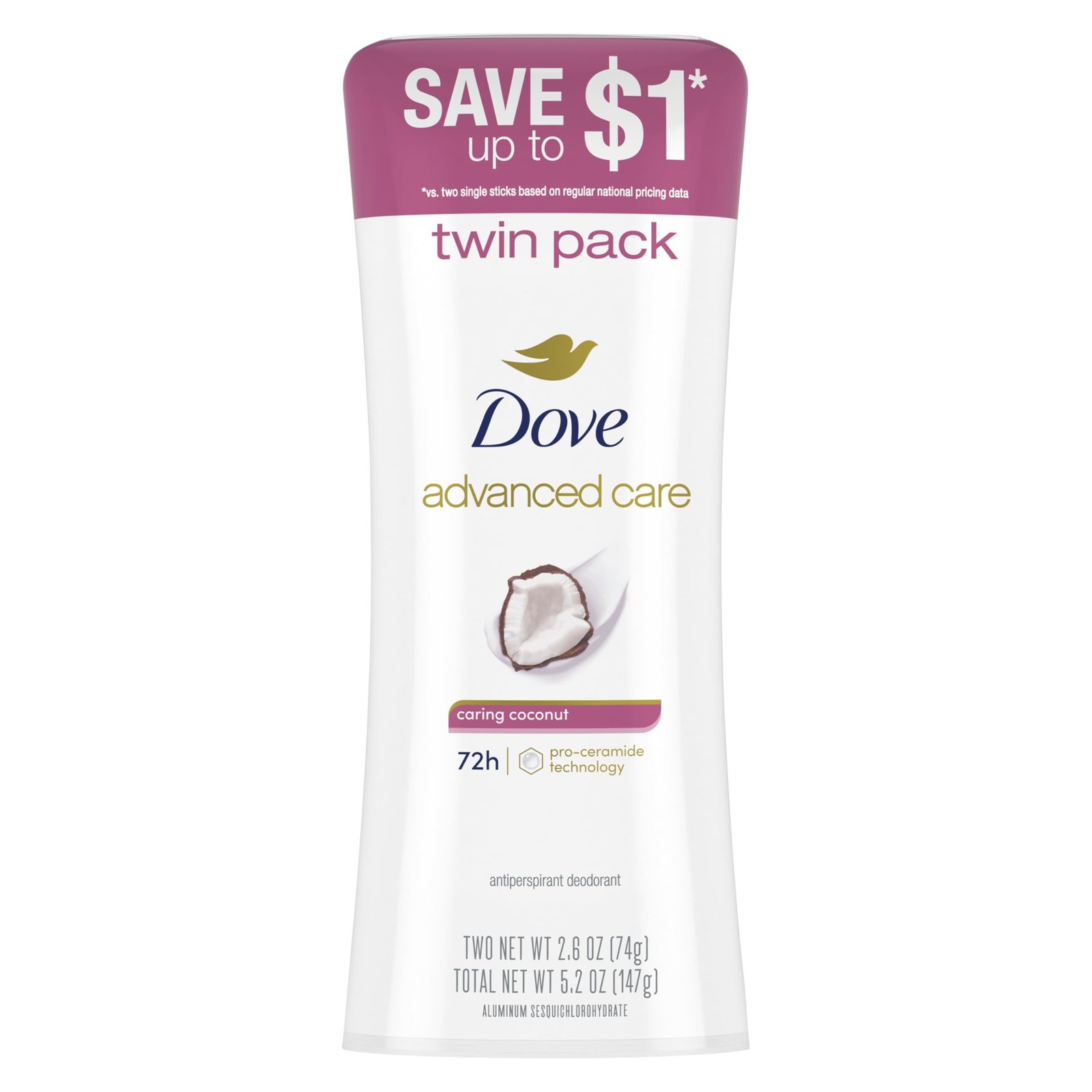 Dove Advanced Care Antiperspirant Caring Coconut, 2 Count Deodorant Stick for Women, for 48 Hour Protection And Soft And Comfortable Underarms, 2.6 oz