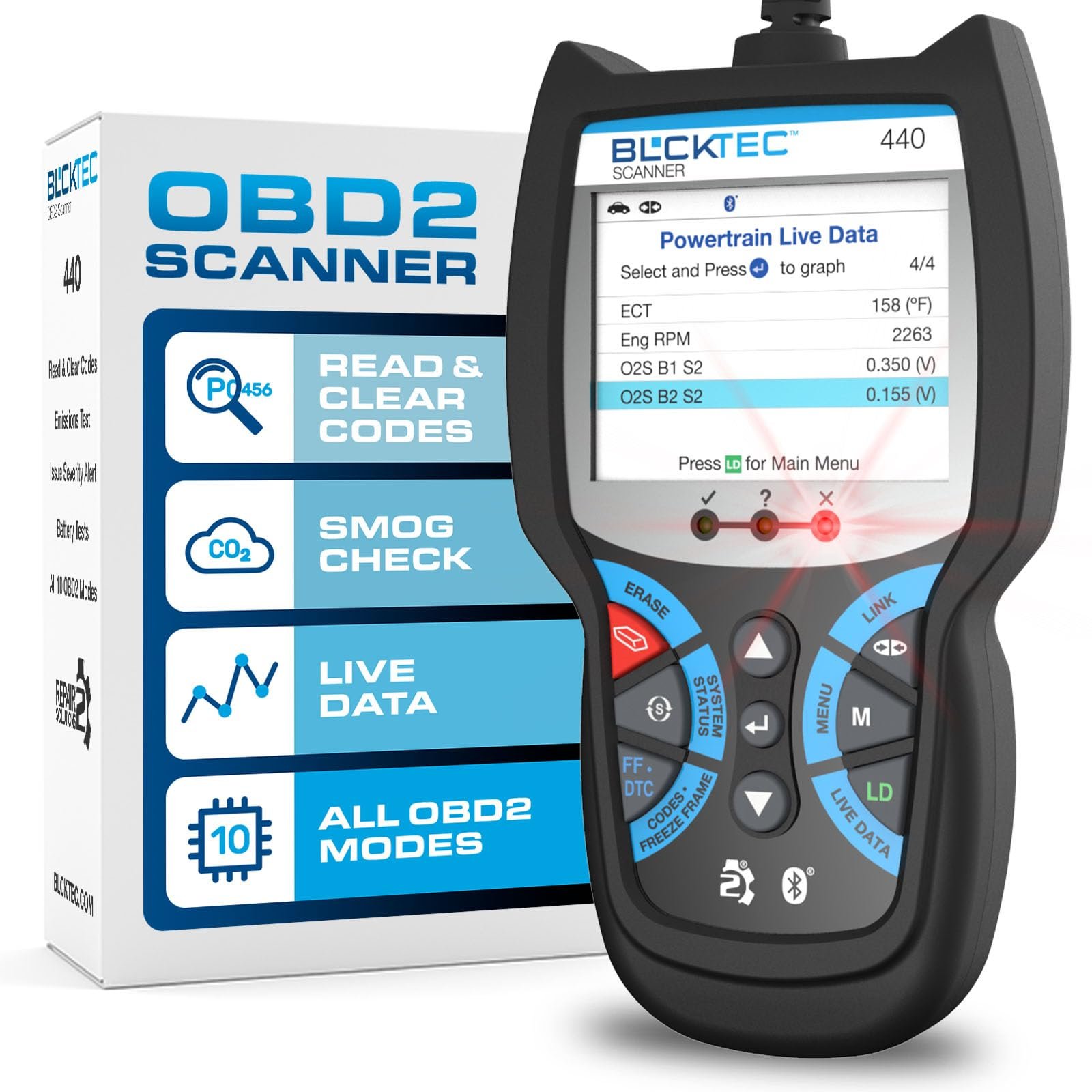 71ZSbBPcWCL.jpg BLCKTEC 440 Bluetooth OBD2 Scanner Diagnostic Tool - Car Code Reader and Scanner for Car - Comes with Live Data - Battery/Charging System Test - Works for All OBD Compliant Cars 1996 & Newer - Image 1