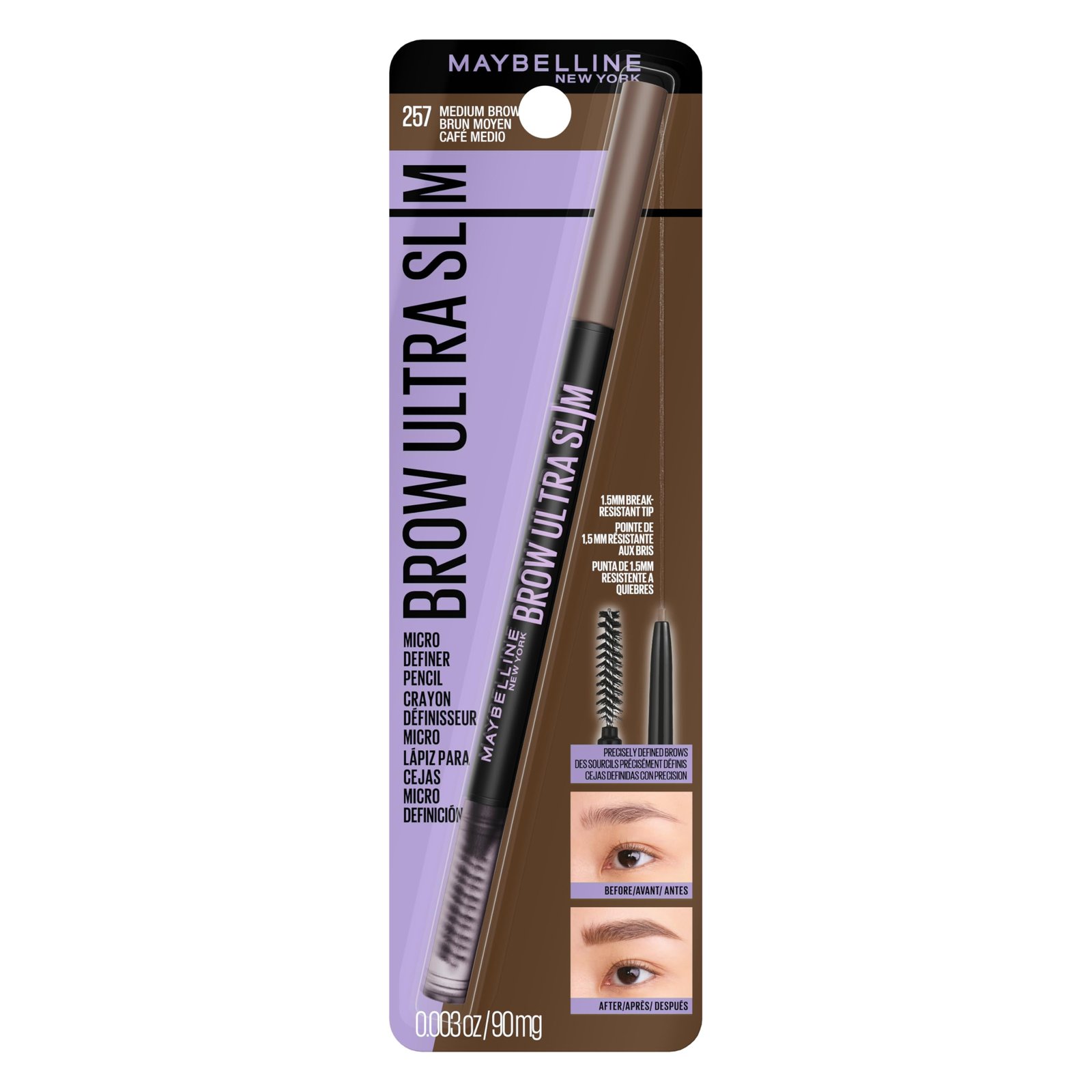 Maybelline Express Brow Ultra Slim Eyebrow Makeup, Brow Pencil with Precision Tip and Spoolie for Defined Eyebrows, Medium Brown, 1 Count (Packaging May Vary)