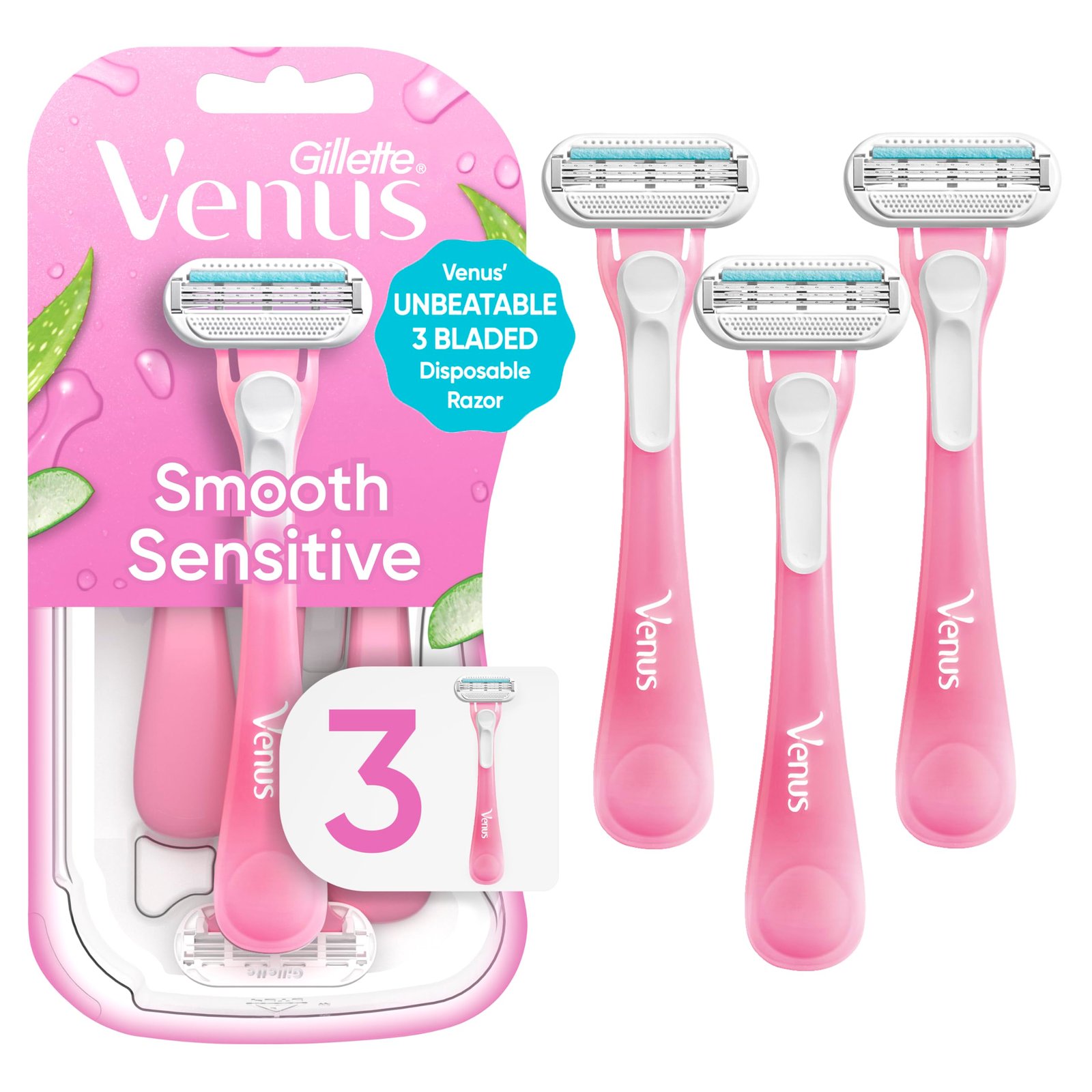 8147TWDgS5L.jpg Gillette Venus Sensitive Women's Disposable Razors - Single Package of 3 Razors - Image 1