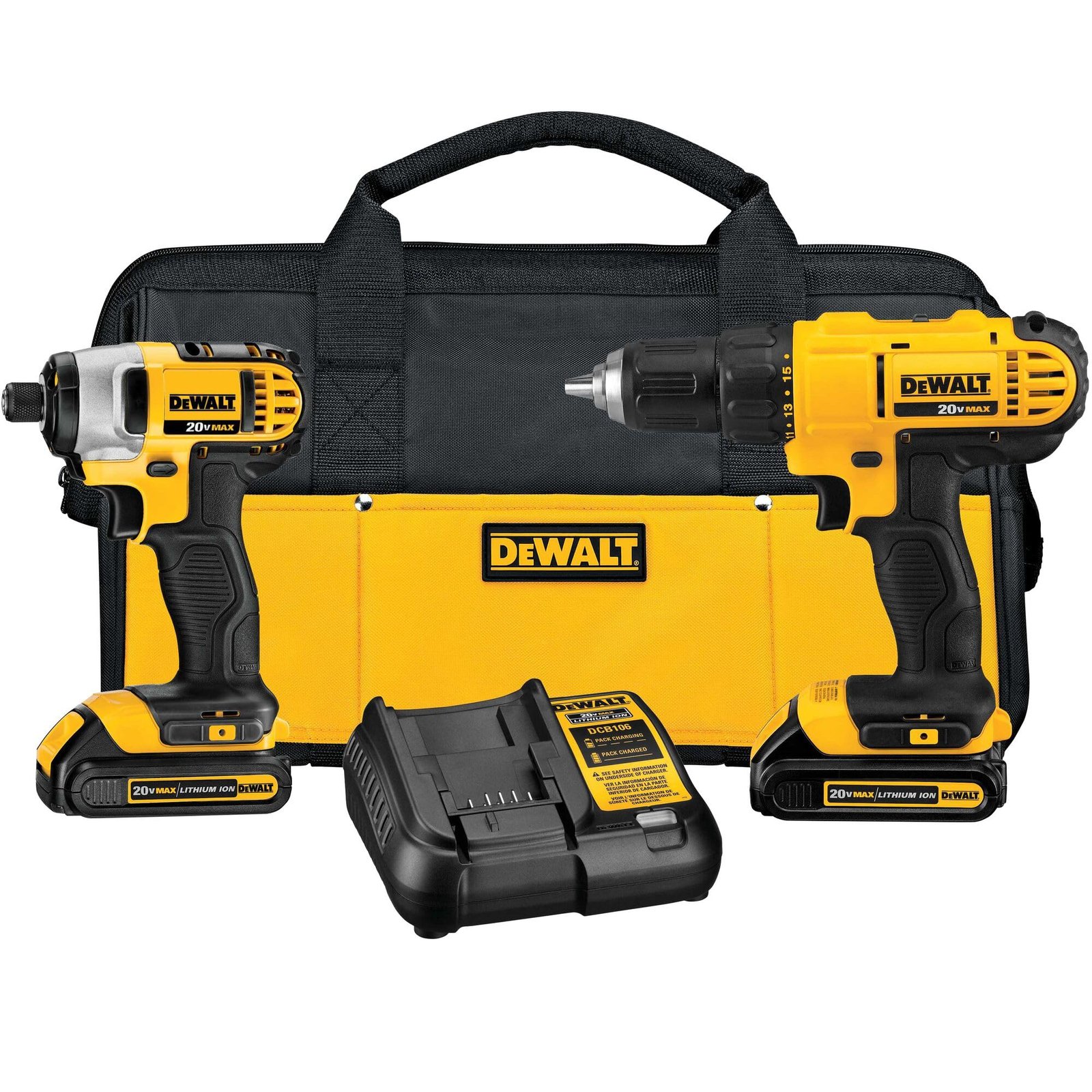 817WrflosJL.jpg DEWALT 20V MAX Cordless Drill and Impact Driver, Power Tool Combo Kit , Includes 2 Batteries, Charger and Bag (DCK240C2) - Image 1