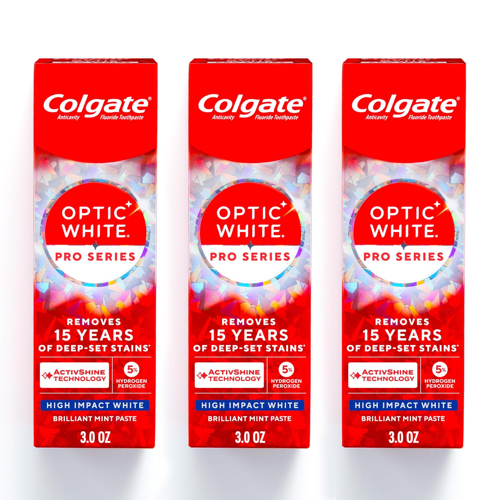 Colgate Optic White Pro Series High Impact White, 3 Pack, Teeth Whitening Toothpaste with 5% Hydrogen Peroxide and ActivShine, Brilliant Mint Flavor, 3.0 OZ