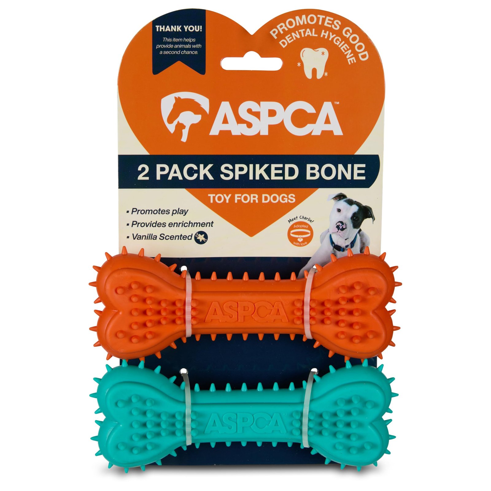 ASPCA 2-Pack Spiky TPR Bone Dog Toys – Vanilla Scented Chew Bones for Dental Health, Interactive Play & Enrichment