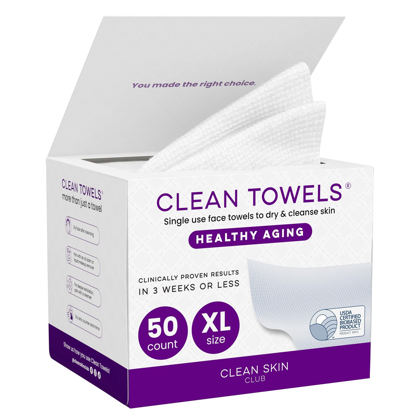 Clean Skin Club Healthy Aging Clean Towels® XL, Smooths Fine Lines Wrinkles & Texture in 6 weeks, Treated for Extra Softness, Disposable Face Towels, Anti Aging Makeup Remover Dry Wipe, 50 count