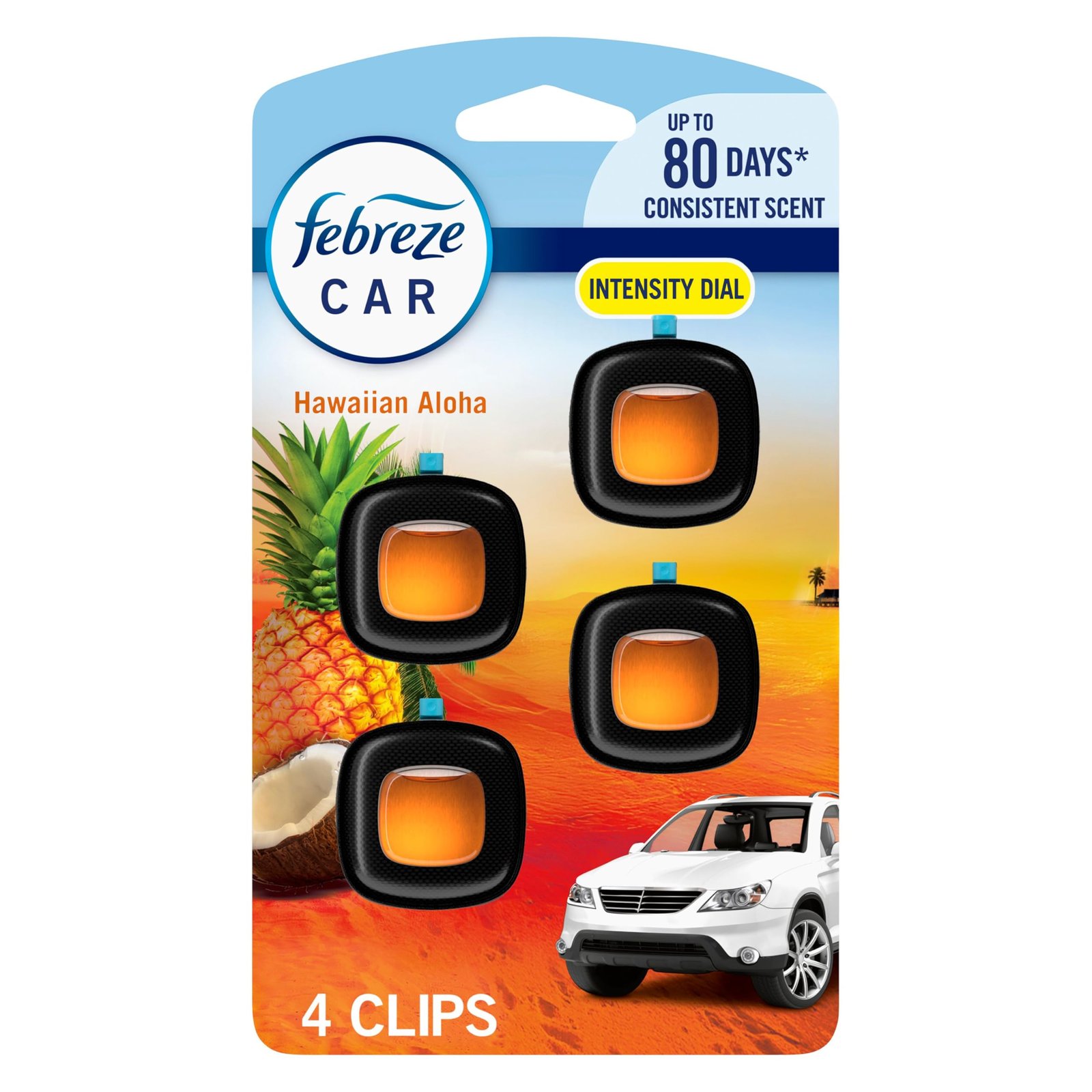 Febreze Car Air Freshener, Odor-Fighting Automotive Vent Clip, Scented Car Accessories, Long Lasting for Strong Odors, Hawaiian Aloha Scent, 4 Count
